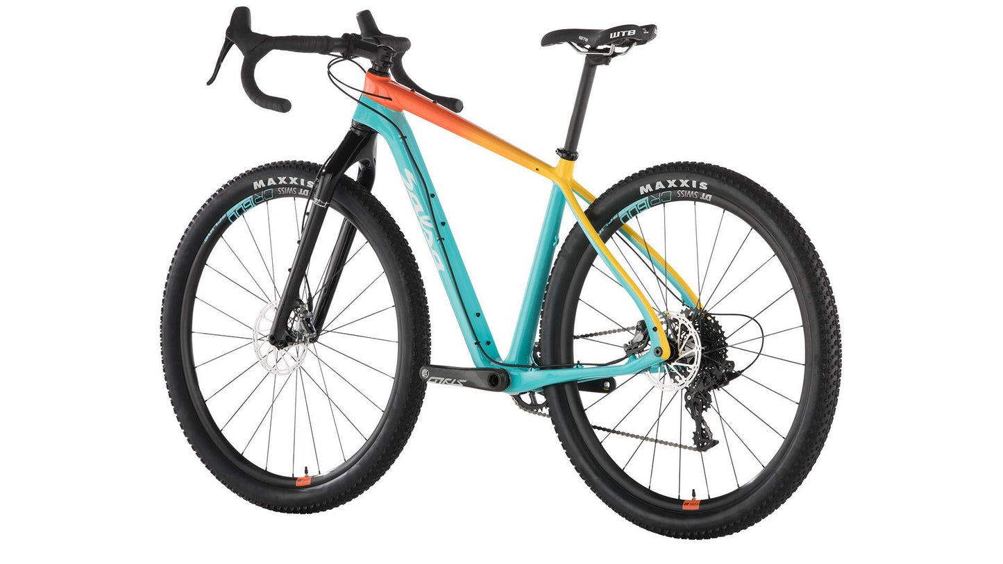 Salsa Cutthroat Force 1 bike blue and orange color rear three-quarter view