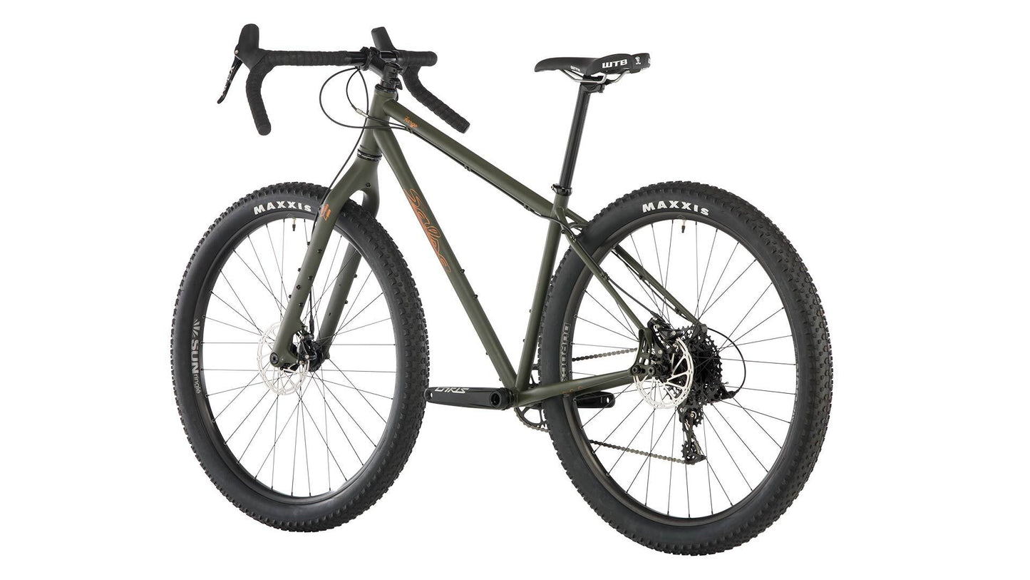 Fargo Apex 1 bike green color rear three-quarter view