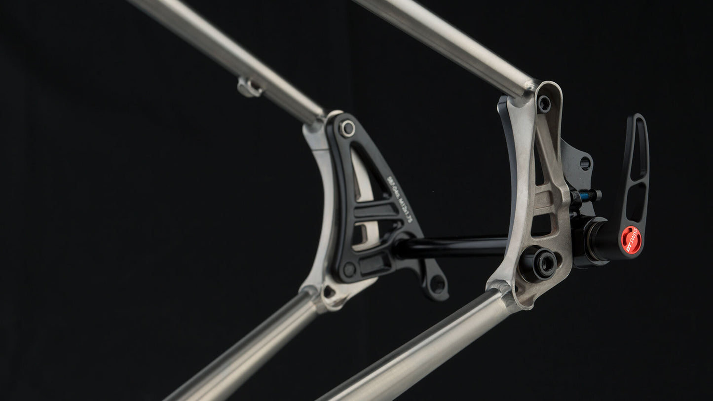 Fargo Ti frameset rear dropout focus with thru-axle installed