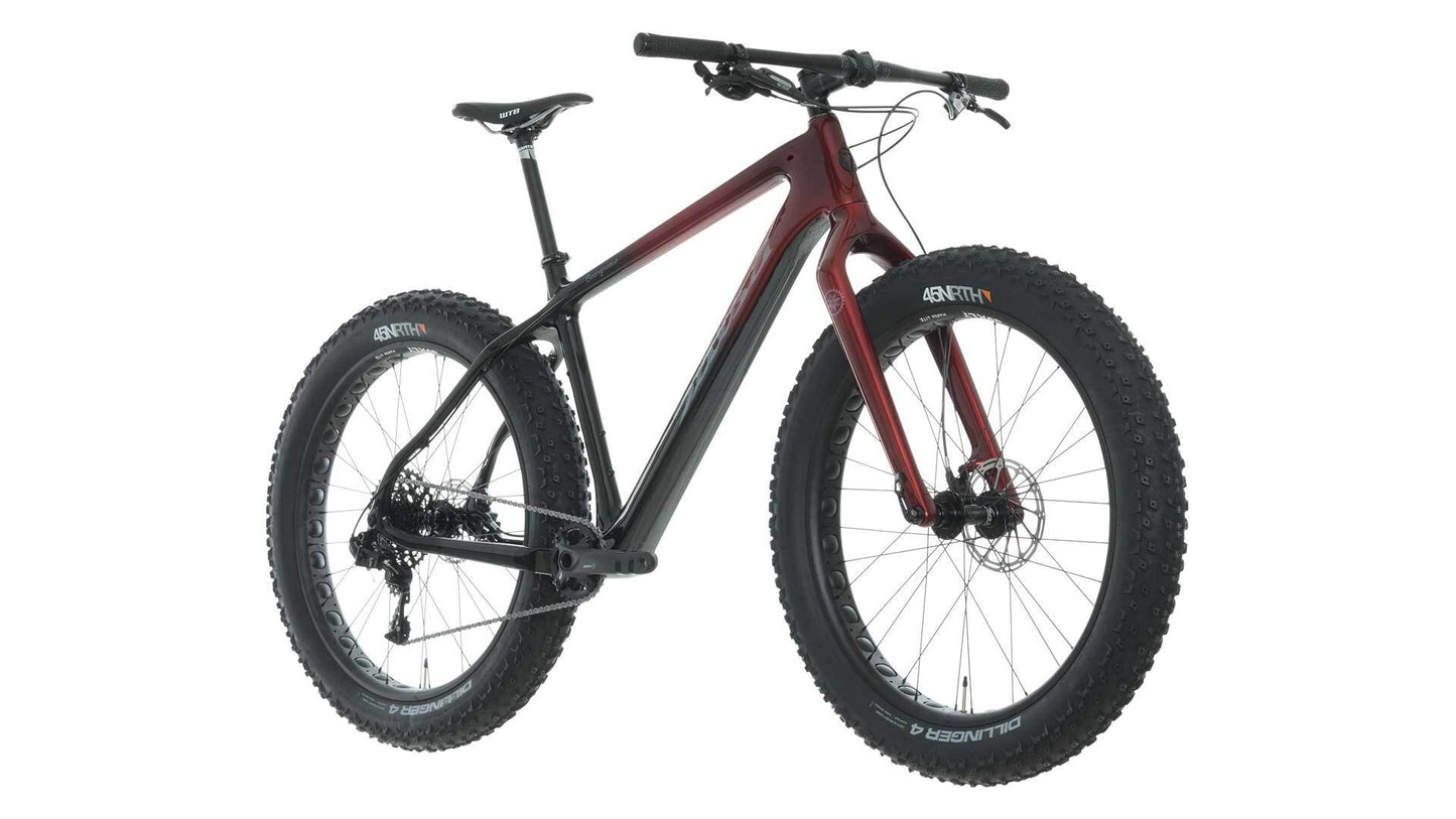 Salsa Beargrease Carbon Frameset built as bike three-quarter front view black to maroon fade