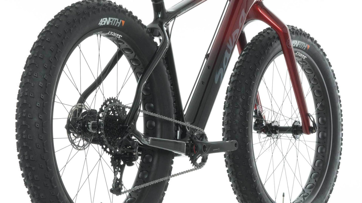 Salsa Beargrease Carbon Frameset built as bike three-quarter rear view black to maroon fade