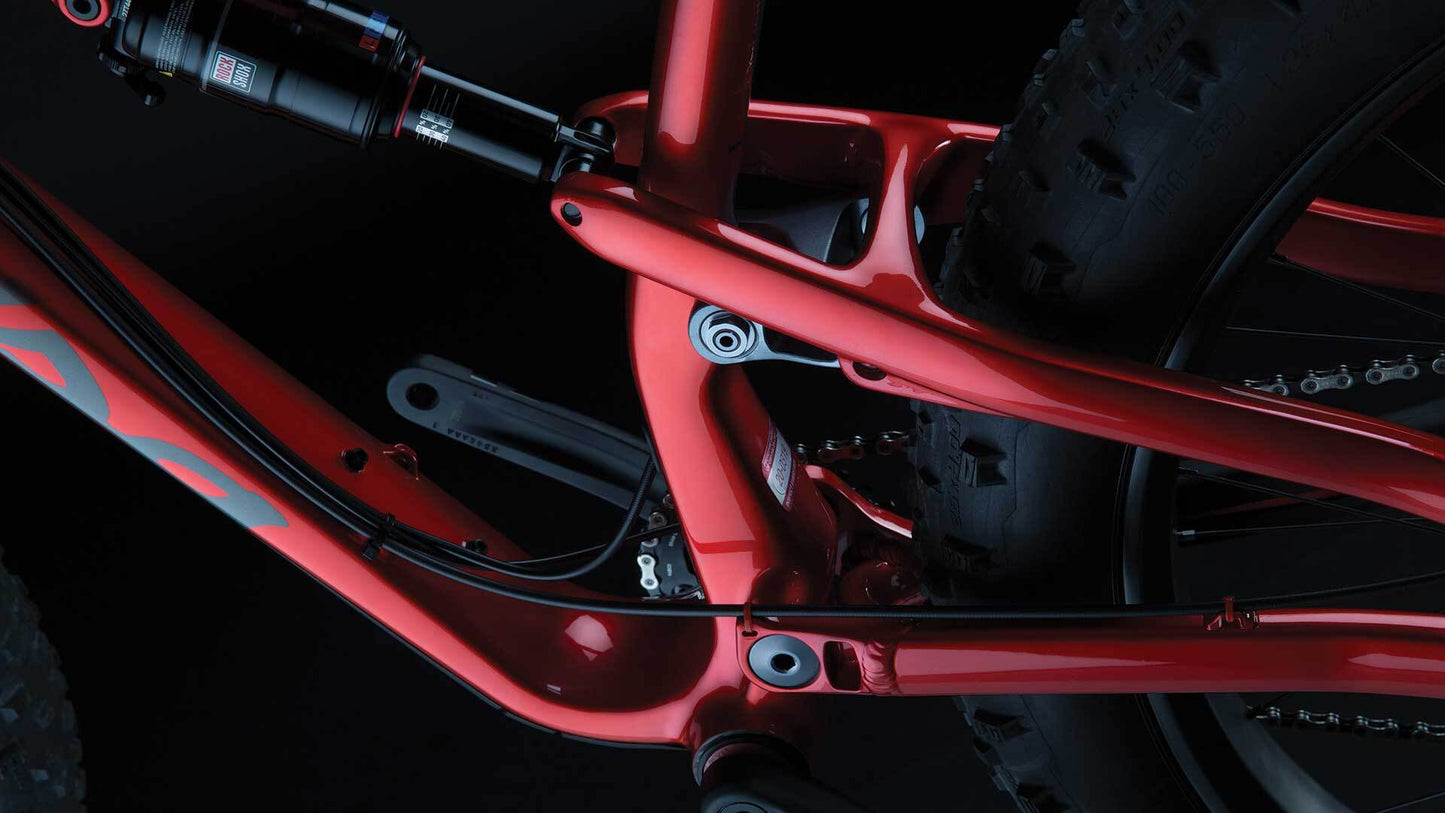 Salsa Bucksaw Carbon bike red color rear shock and linkage area focus
