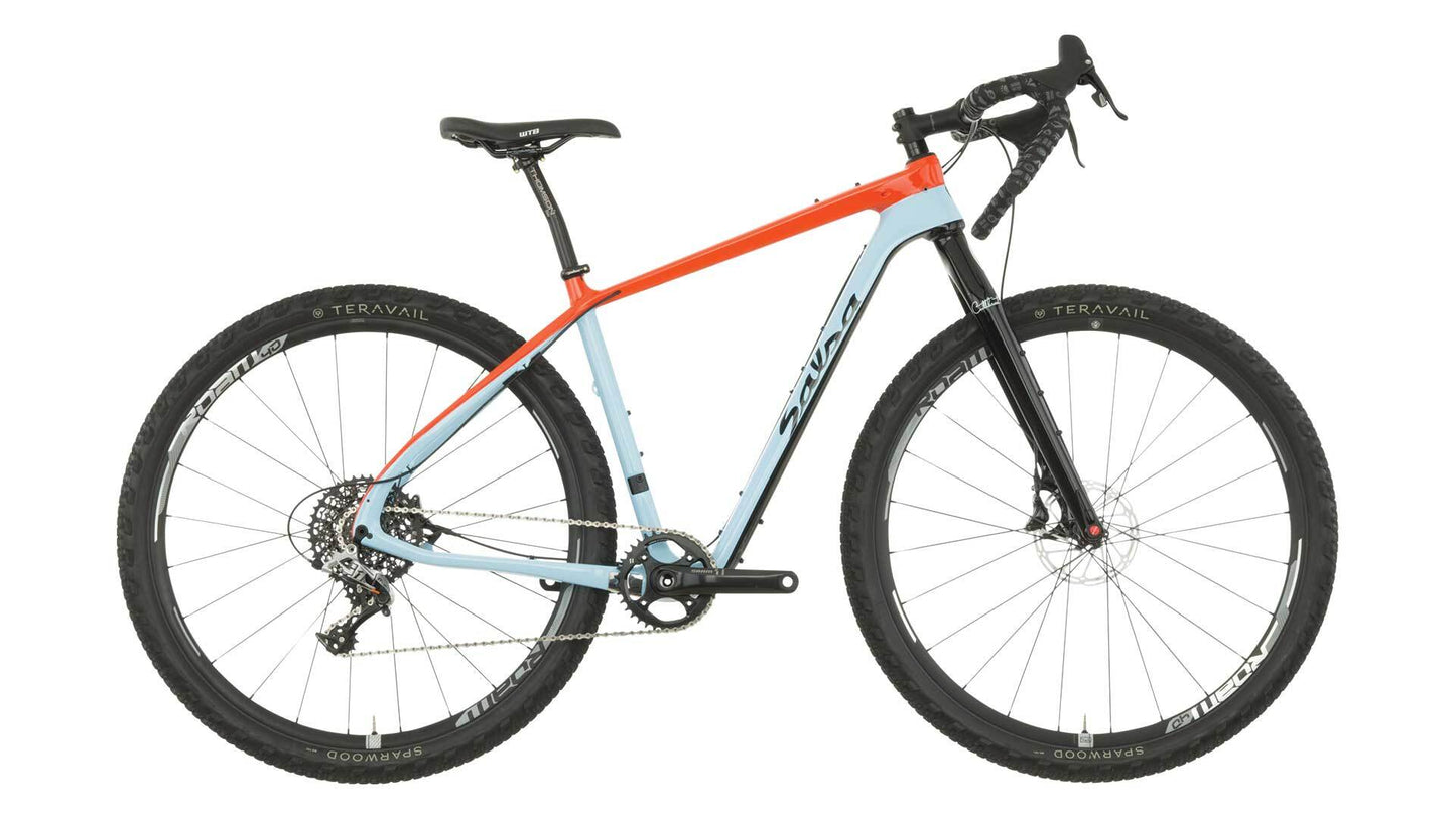 Salsa Cutthroat Rival 1 bike side view blue and orange color