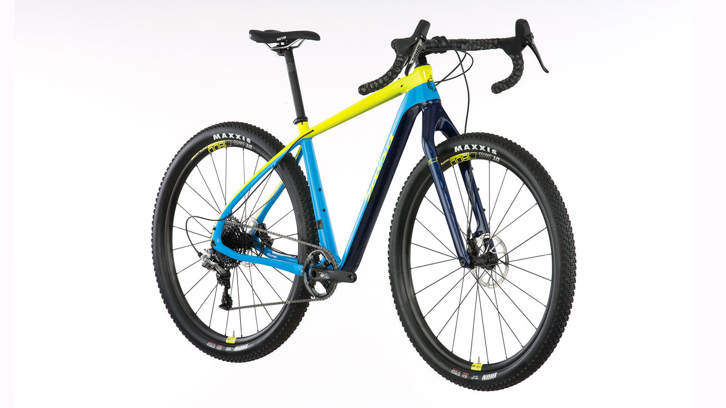 Salsa Cutthroat Carbon bike blue and yellow color front three-quarter view