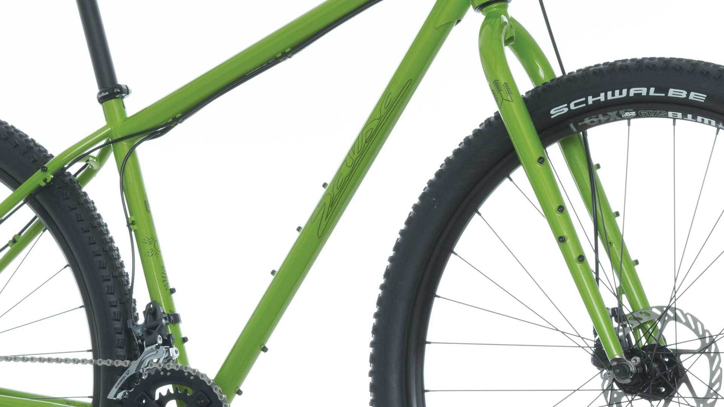 Salsa Fargo X7 bike green color front three-quarter view close-up