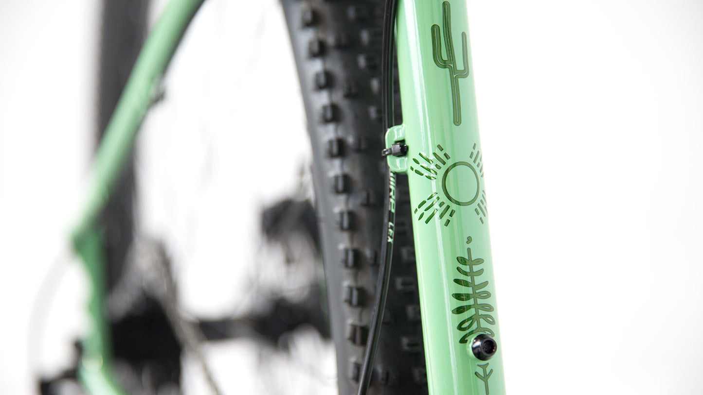 Salsa Fargo GX bike green color seat tube decals close-up