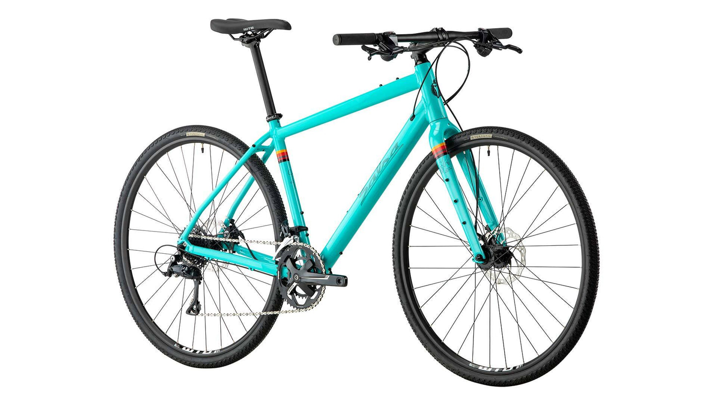 Salsa Journeyman Sora 700c flat bar bike front three-quarter view