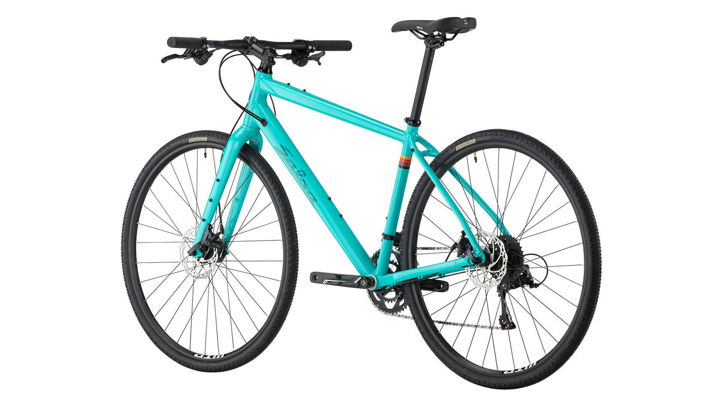 Salsa Journeyman Sora 700c flat bar bike rear three-quarter view