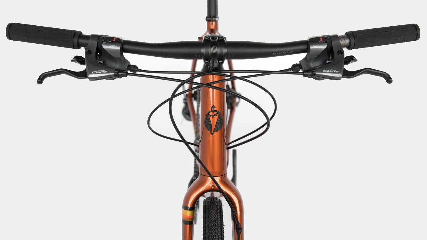 Salsa Journeyman Flat Bar Claris 700c bike copper color straight-on front view