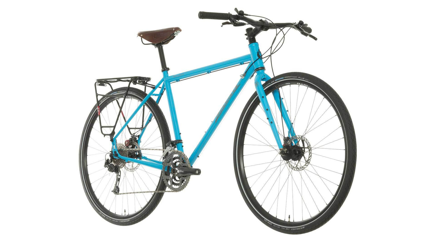 Salsa Marrakesh Flat Bar Deore bike blue color front three-quarter view