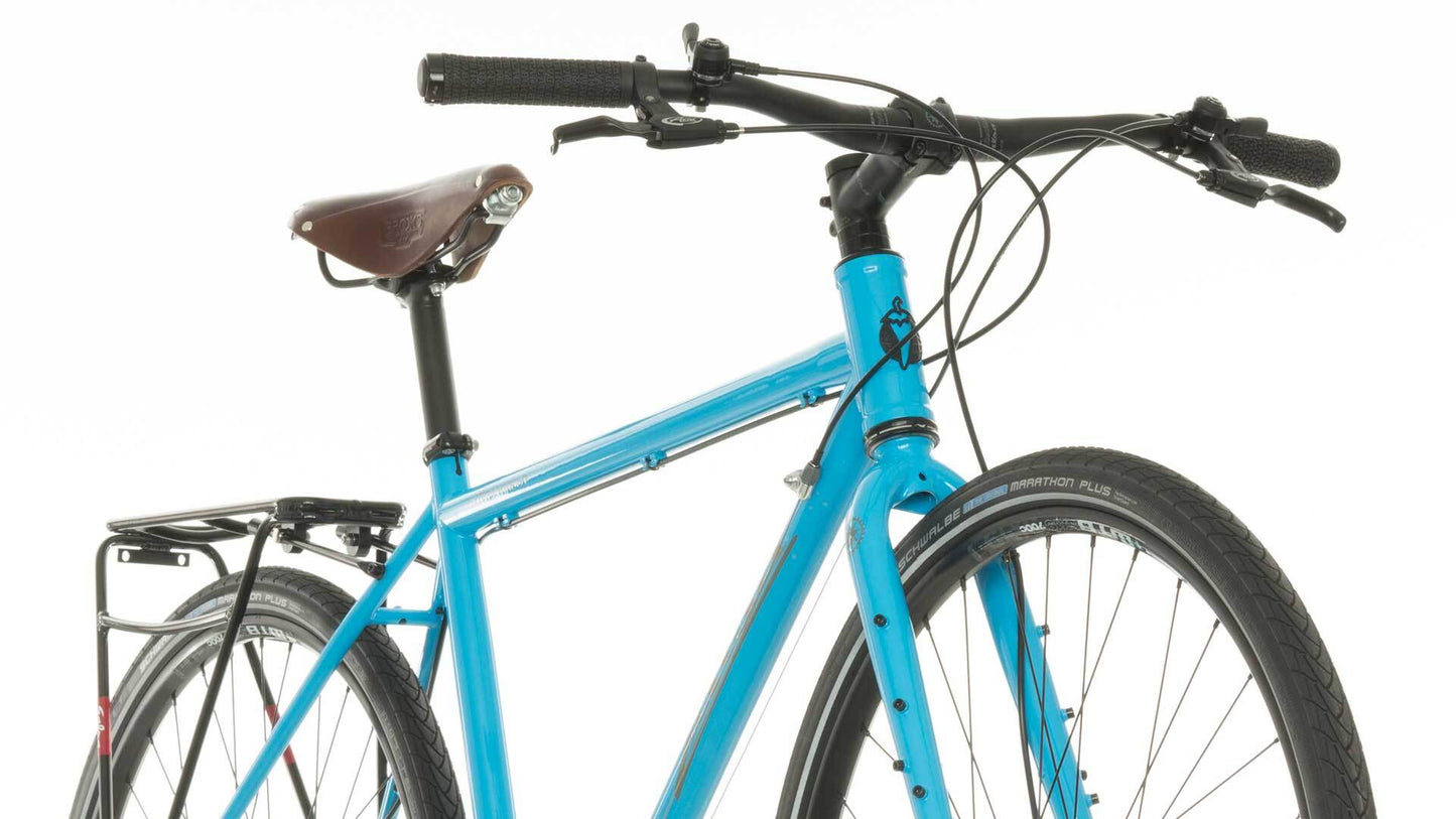 Salsa Marrakesh Flat Bar Deore bike blue color three-quarter view handlebar focus