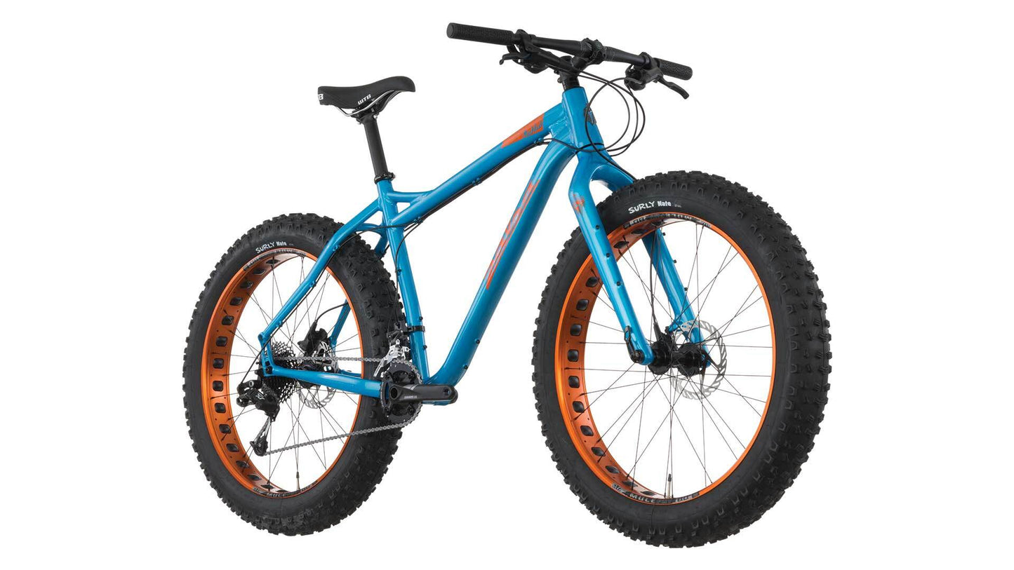 Salsa Mukluk X7 bike blue color front three-quarter view