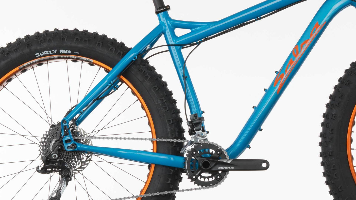 Salsa Mukluk X7 bike blue color side view bottom of bike focus