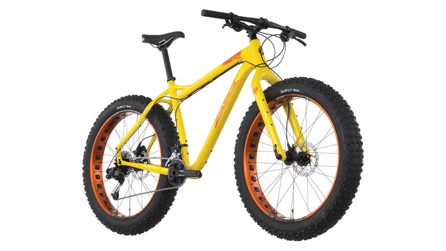 Salsa Mukluk X7 bike yellow color front three-quarter view