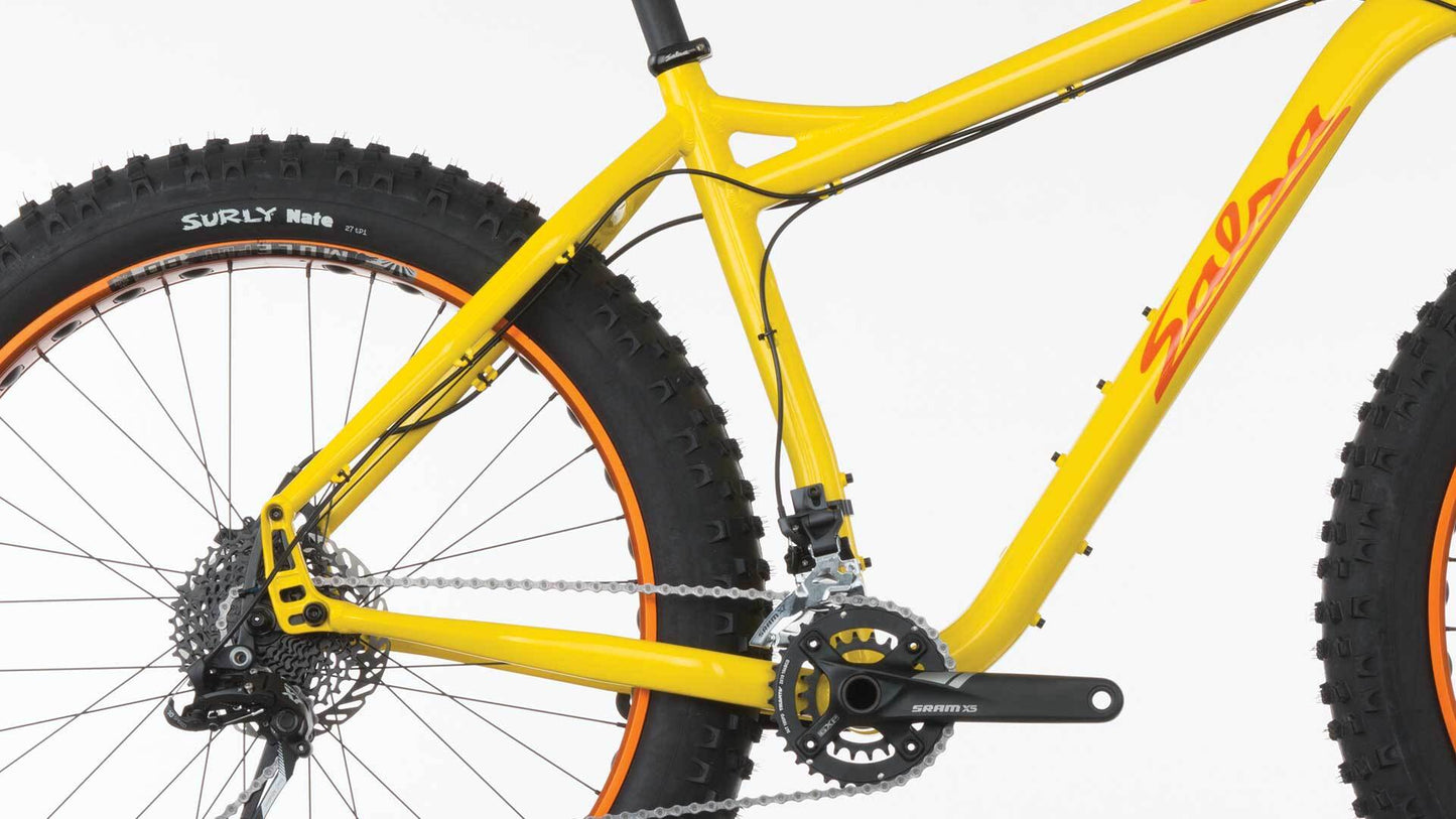 Salsa Mukluk X7 bike yellow color side view bottom of bike focus