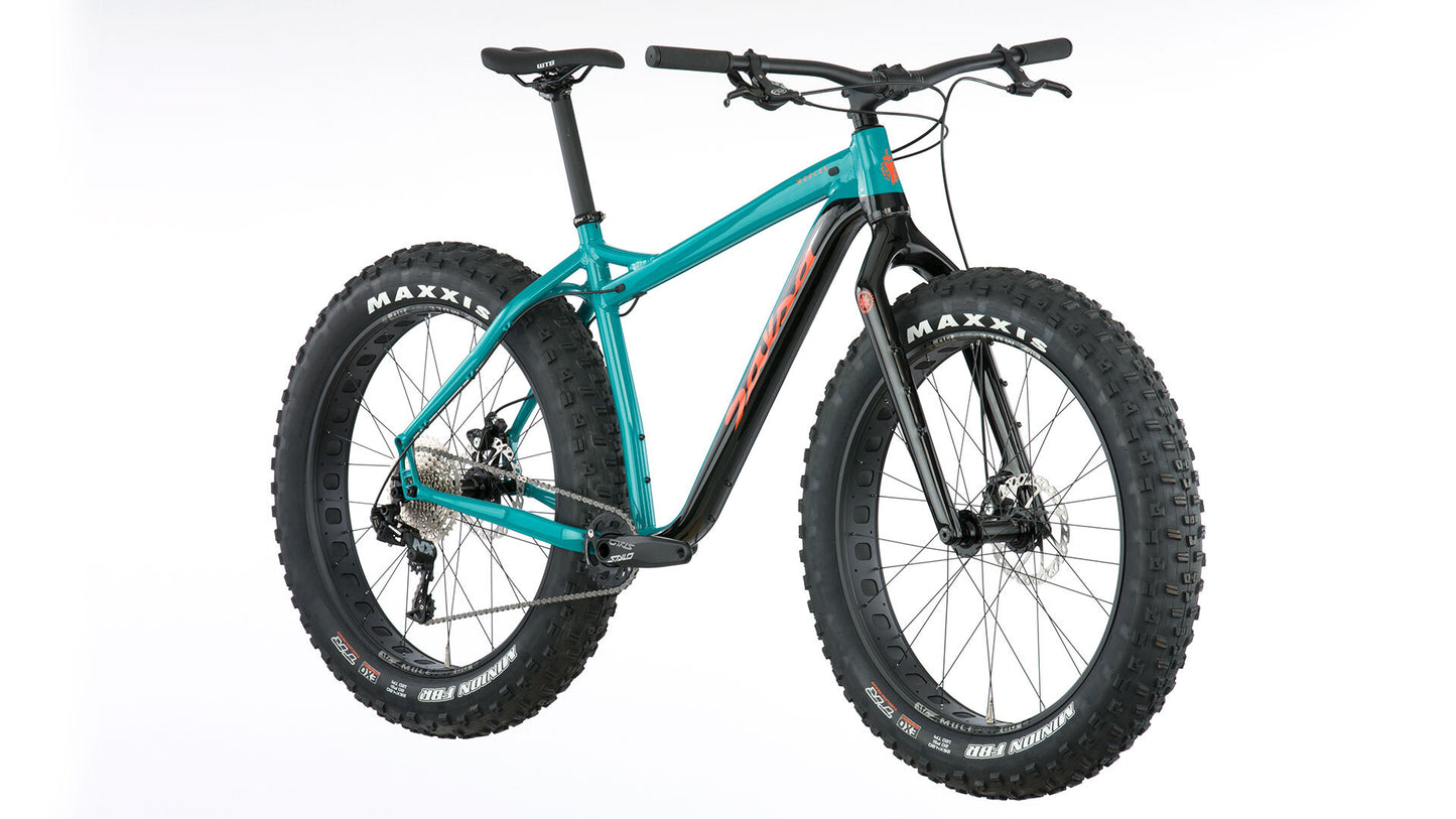 Salsa Mukluk NX1 bike teal and black color front three-quarter view