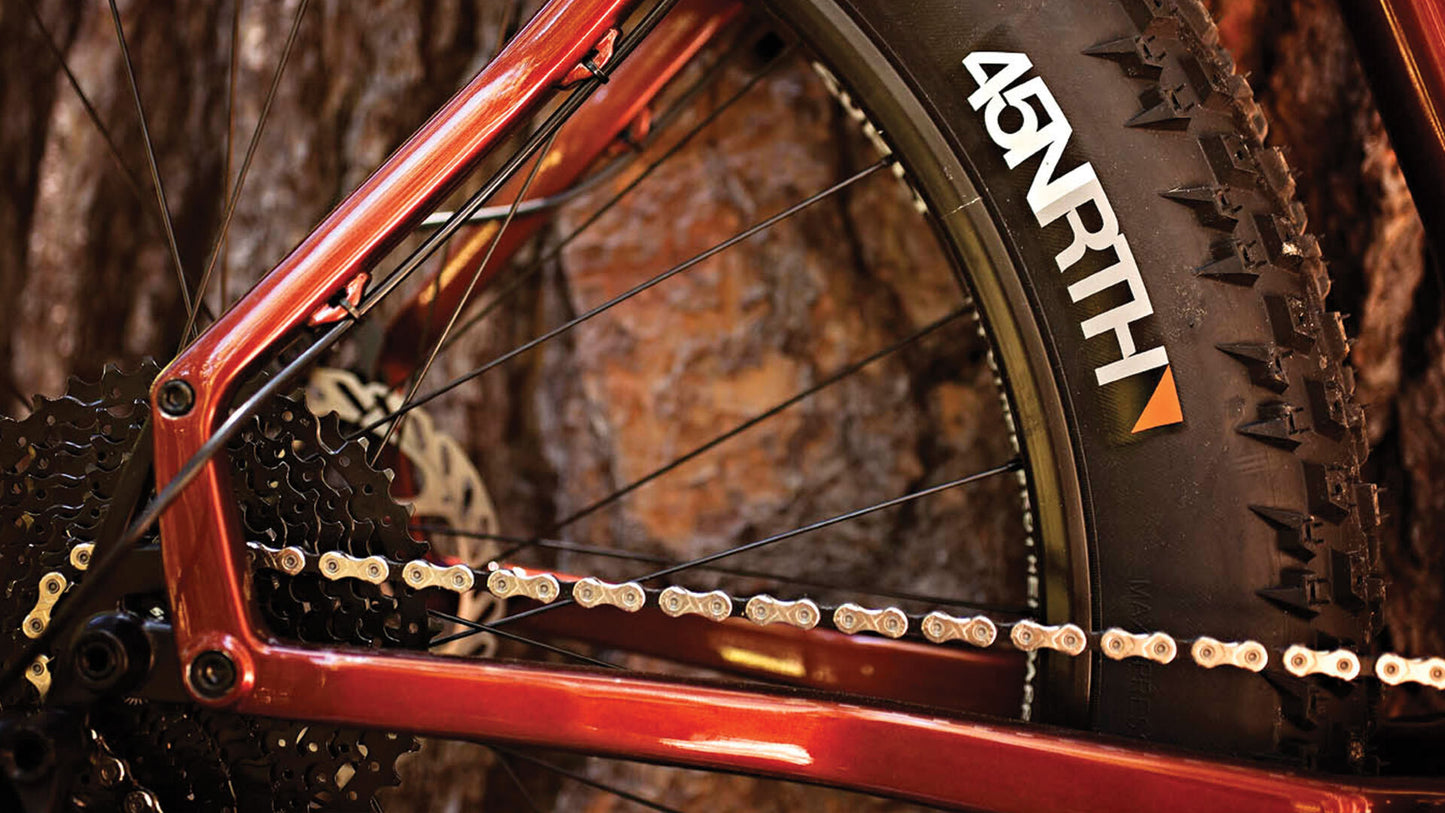 Salsa Mukluk Carbon GX bike red color rear wheel and dropout area focus