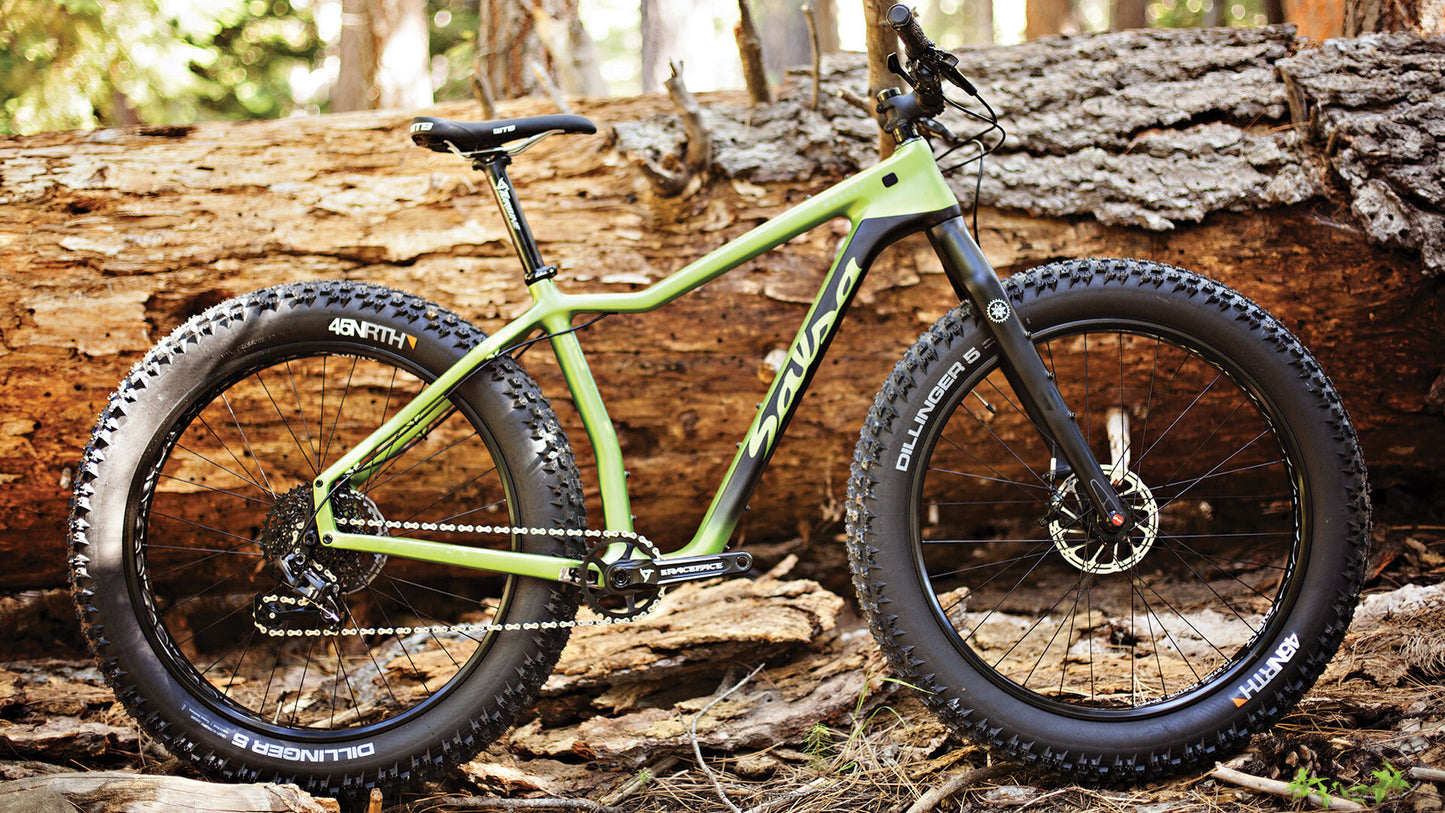 Salsa Mukluk Carbon X1 bike green color side view next to downed tree