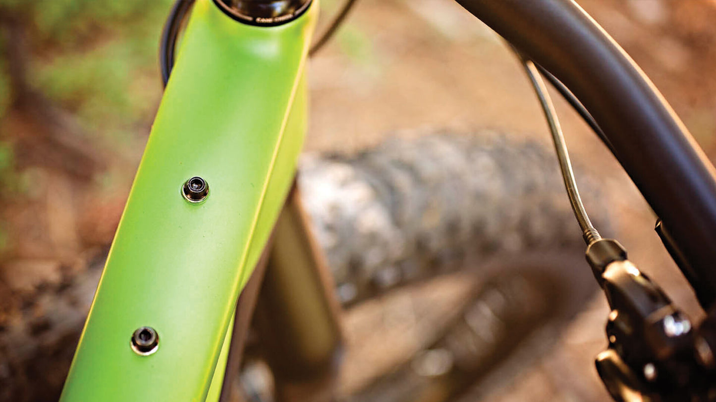Salsa Mukluk Carbon X1 bike green color top tube mounts close-up