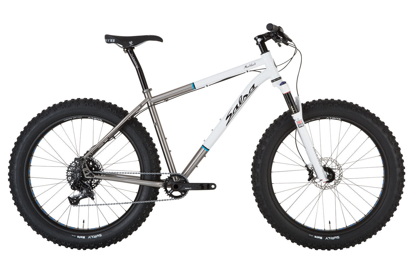 Salsa Mukluk Ti bike with suspension fork front half of frame painted white side view