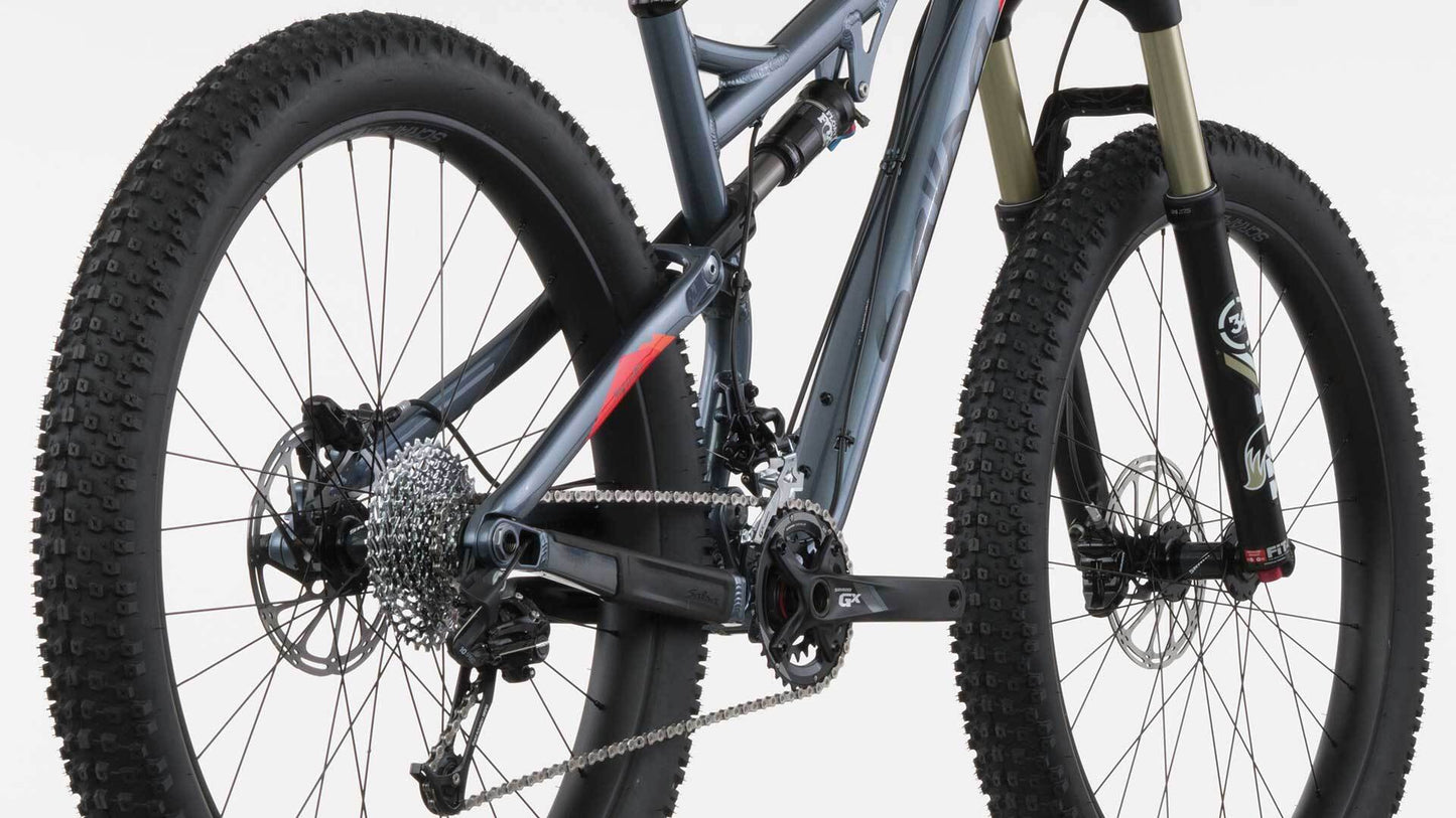 Salsa Pony Rustler GX1 bike blue color rear three-quarter view bottom of bike focus