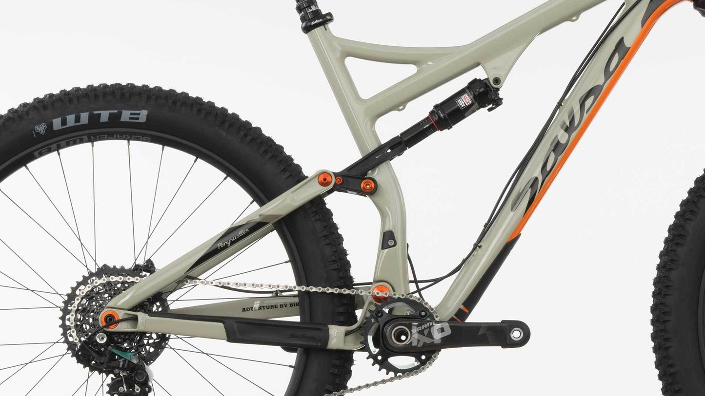 Salsa Pony Rustler Carbon bike tan color side view bottom of bike focus