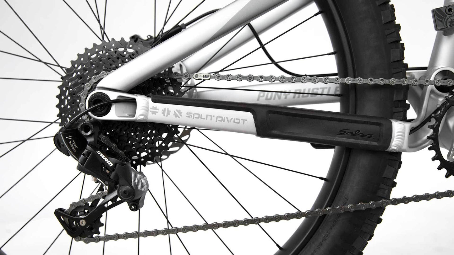 Salsa Pony Rustler bike silver color rear dropout area focus