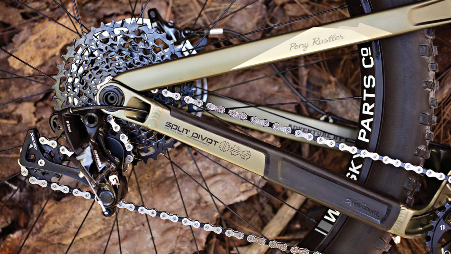 Salsa Pony Rustler Carbon GX1 bike green color side view rear dropout area focus