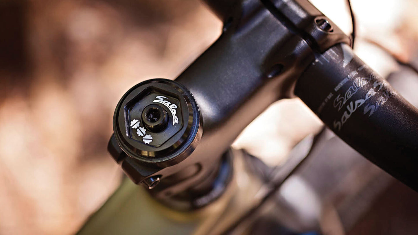 Salsa Pony Rustler Carbon GX1 bike green color stem and handlebar area close-up