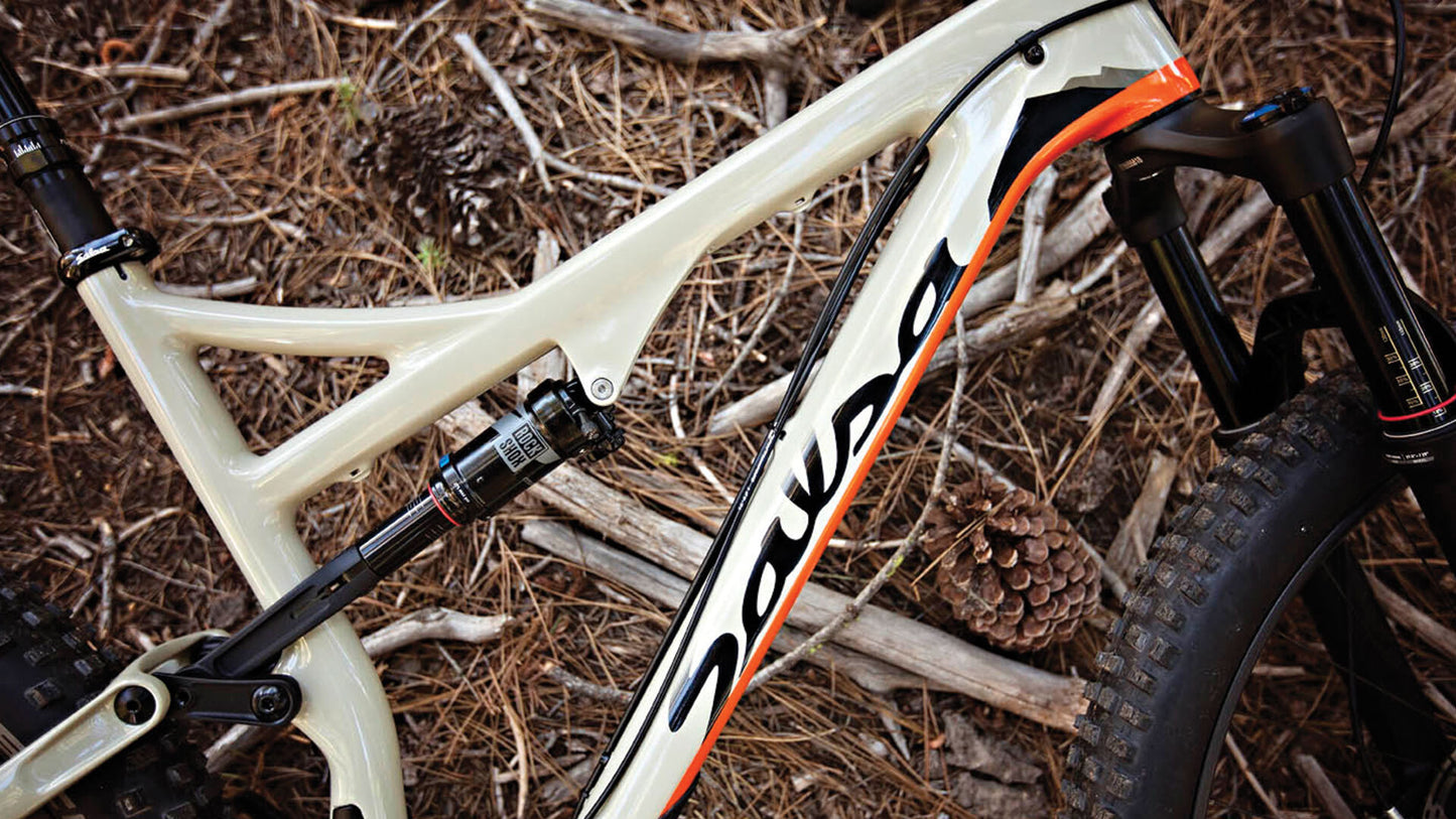 Salsa Pony Rustler Carbon XO1 bike tan color shock and linkage area focus