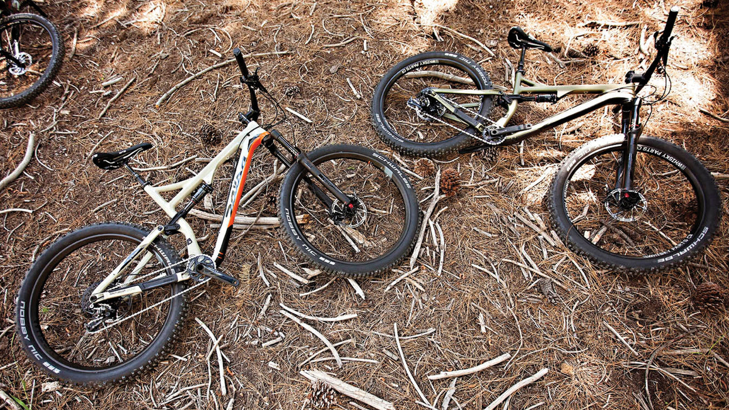 Salsa Pony Rustler bikes on a dirt ground with dry leaves and twigs.