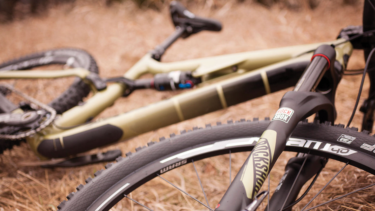 Salsa Redpoint Carbon XO1 bike gold color laying on side in dead grass