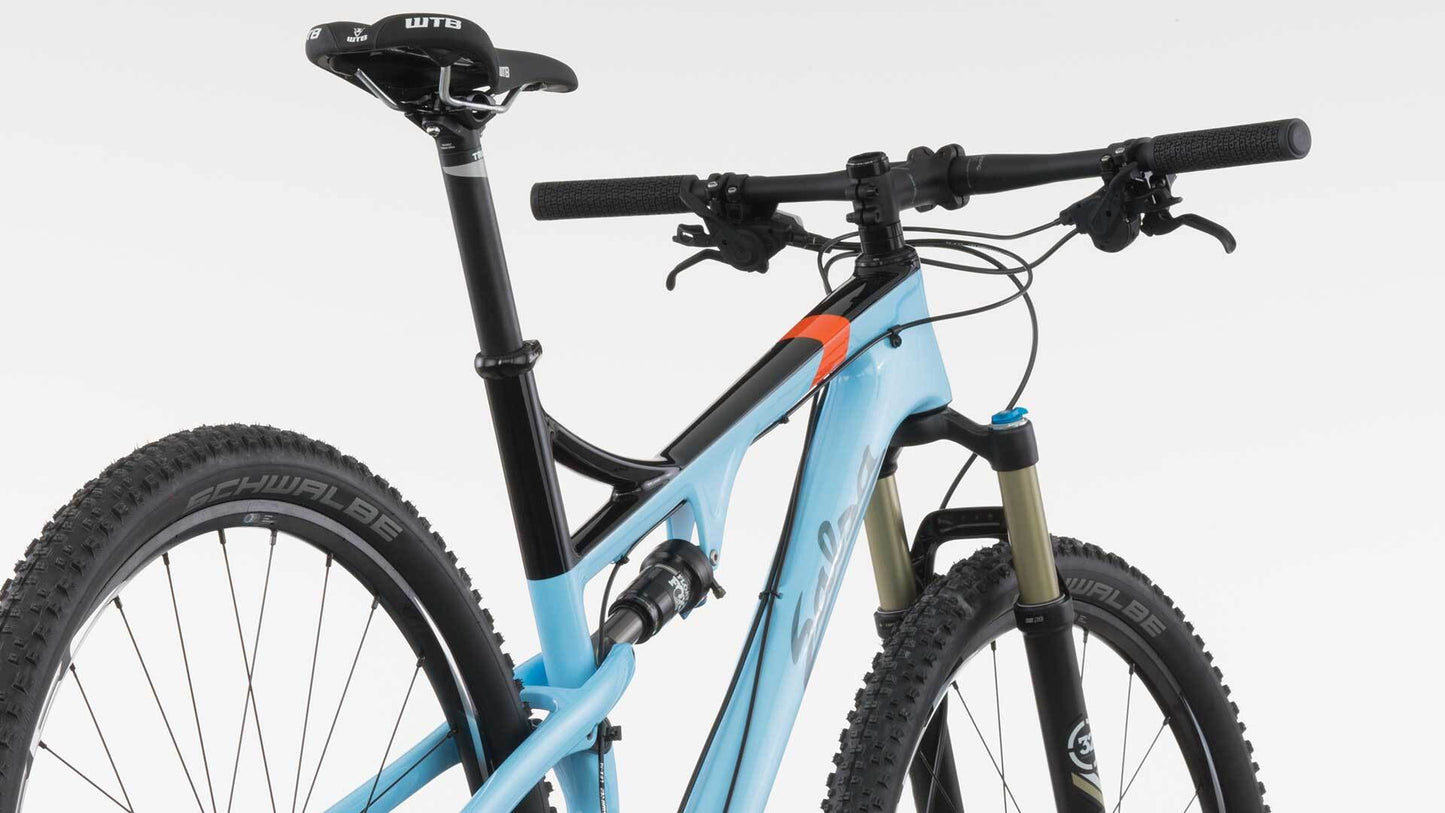 Salsa Spearfish Carbon SLX bike blue color rear three-quarter view