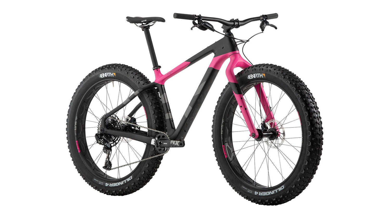 Salsa Beargrease Carbon NX Eagle black, gray, and pink multi-color paint design front three-quarter view