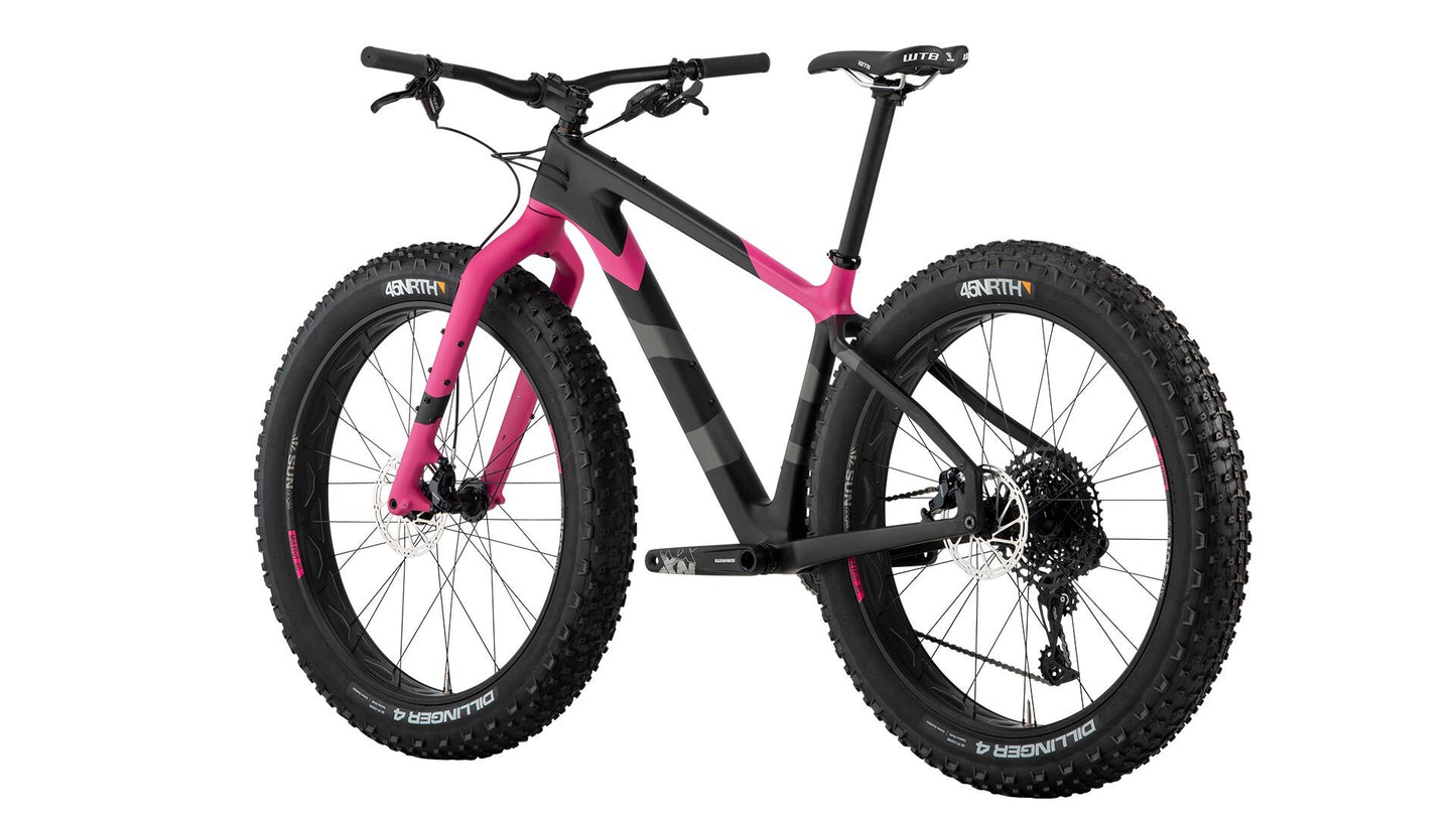 Salsa Beargrease Carbon NX Eagle black, gray, and pink multi-color paint design rear three-quarter view