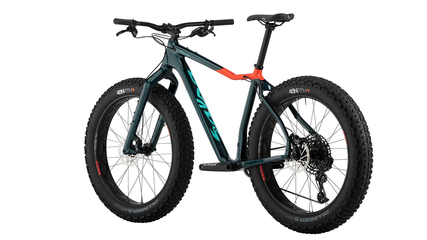 Salsa Mukluk Carbon NX bike green and orange color rear three-quarter view