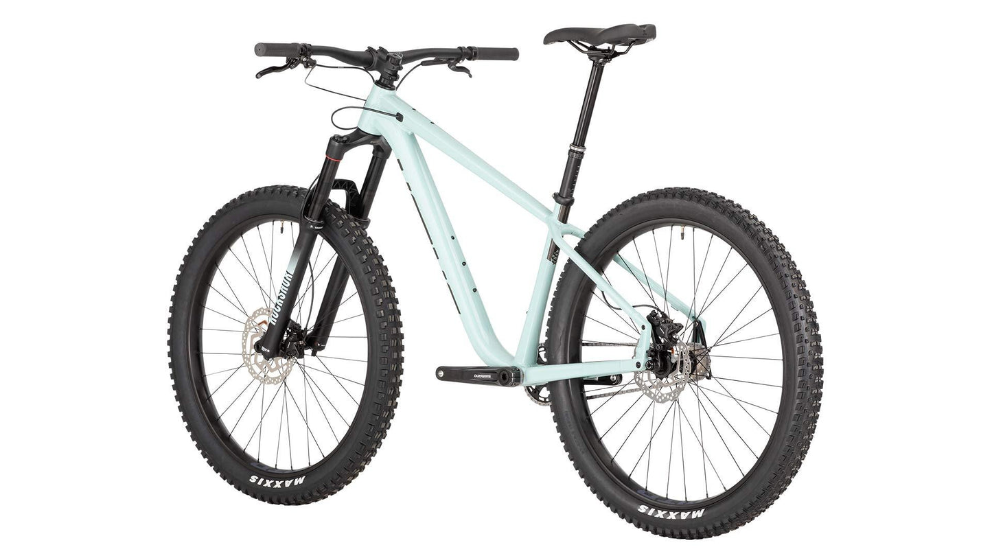 Salsa Timbejack Single Speed 27.5 bike mint green color rear three-quarter view