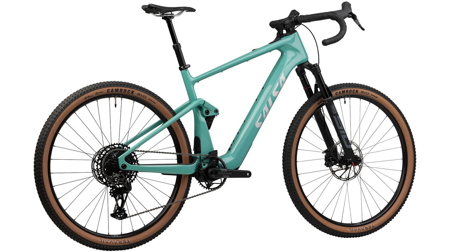 Salsa Wanderosa C Apex Eagle Full Suspension Gravel Ebike - Green - Rear three quarter view