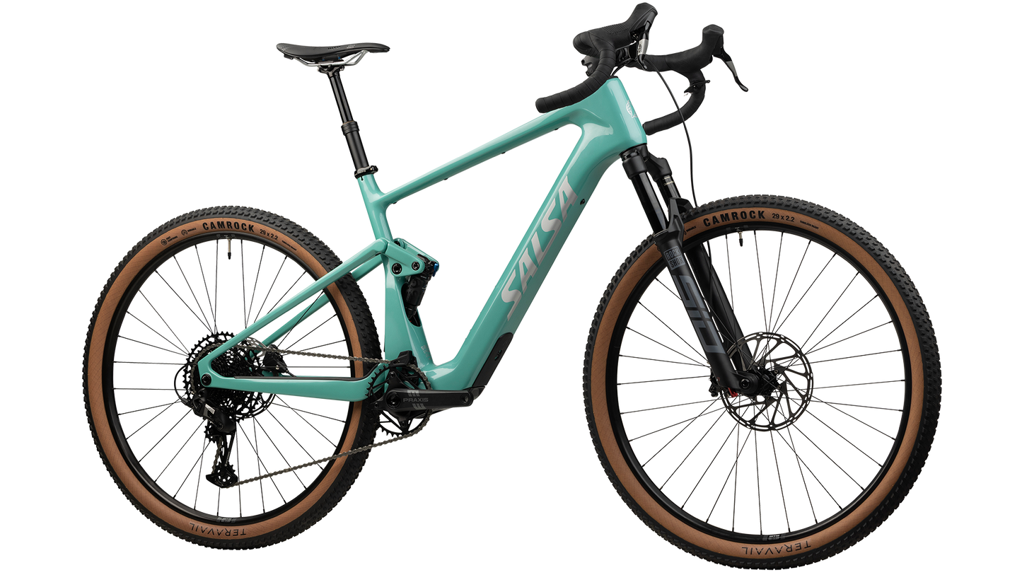 Salsa Wanderosa C Apex Eagle Full Suspension Gravel Ebike - Green - Front three quarter view