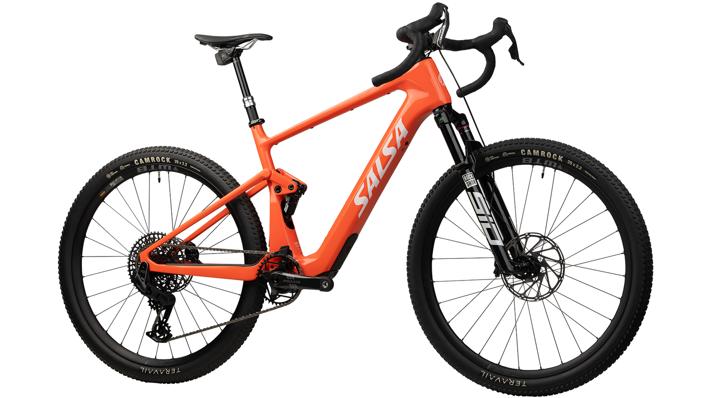 Salsa Wanderosa C Force XO AXS Full Susepension Gravel Ebike - Coral - Front three quarter view