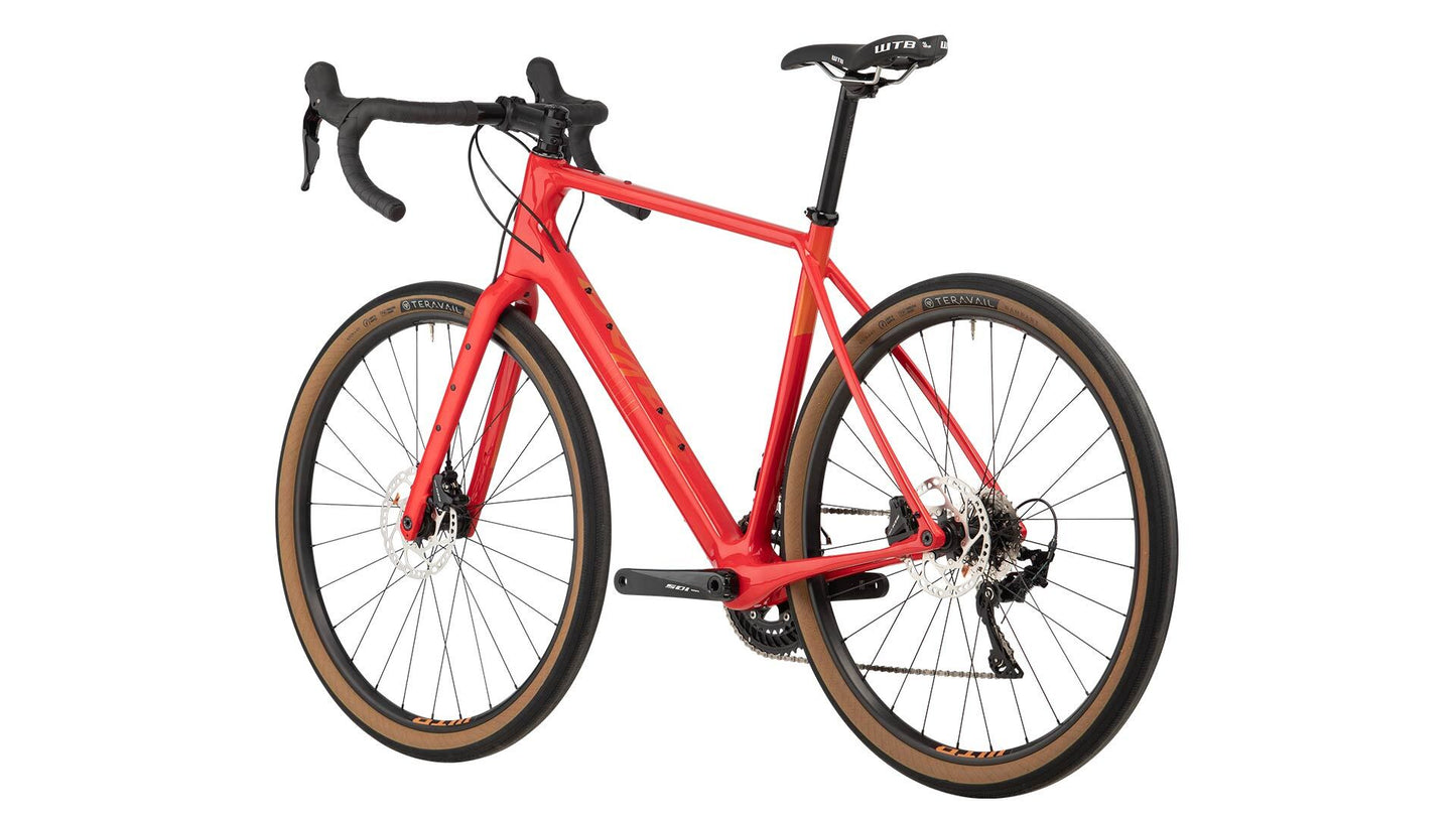Salsa Warroad Carbon 105 bike orange color rear three-quarter view