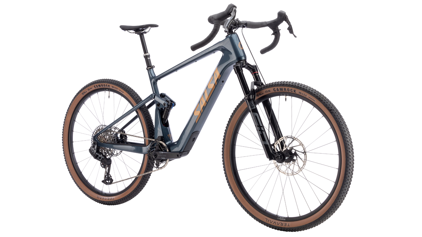 Salsa Wanderosa Rival GX AXS Full Suspension Ebike - Charcoal - Front three quarter view