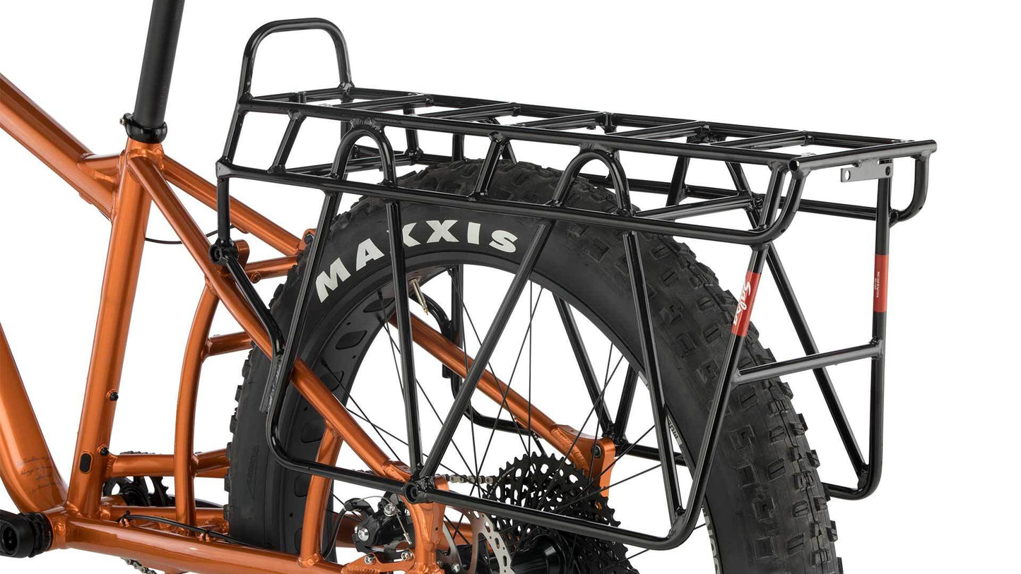 Salsa Blackborow GX Eagle cargo fat bike orange color rear three-quarter view focus on rear rack