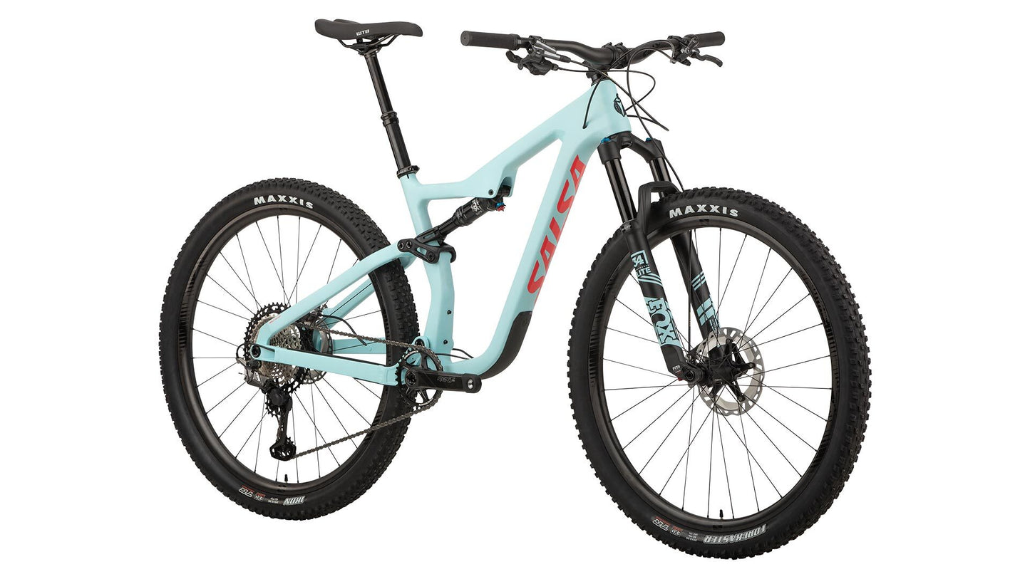 Salsa Spearfish Carbon XTR bike light blue color front three-quarter view