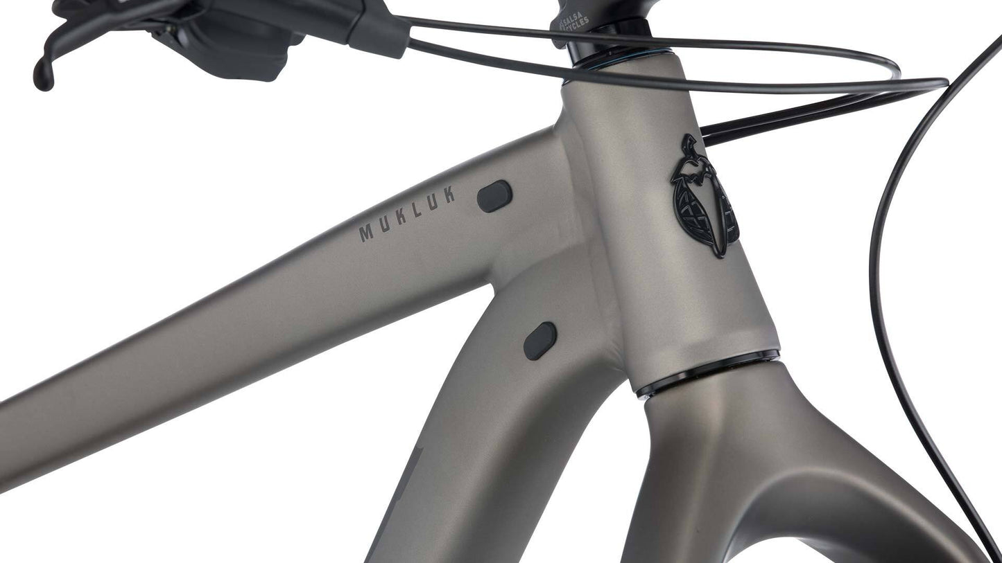 Salsa Mukluk Deore bike gray color front headtube area focus