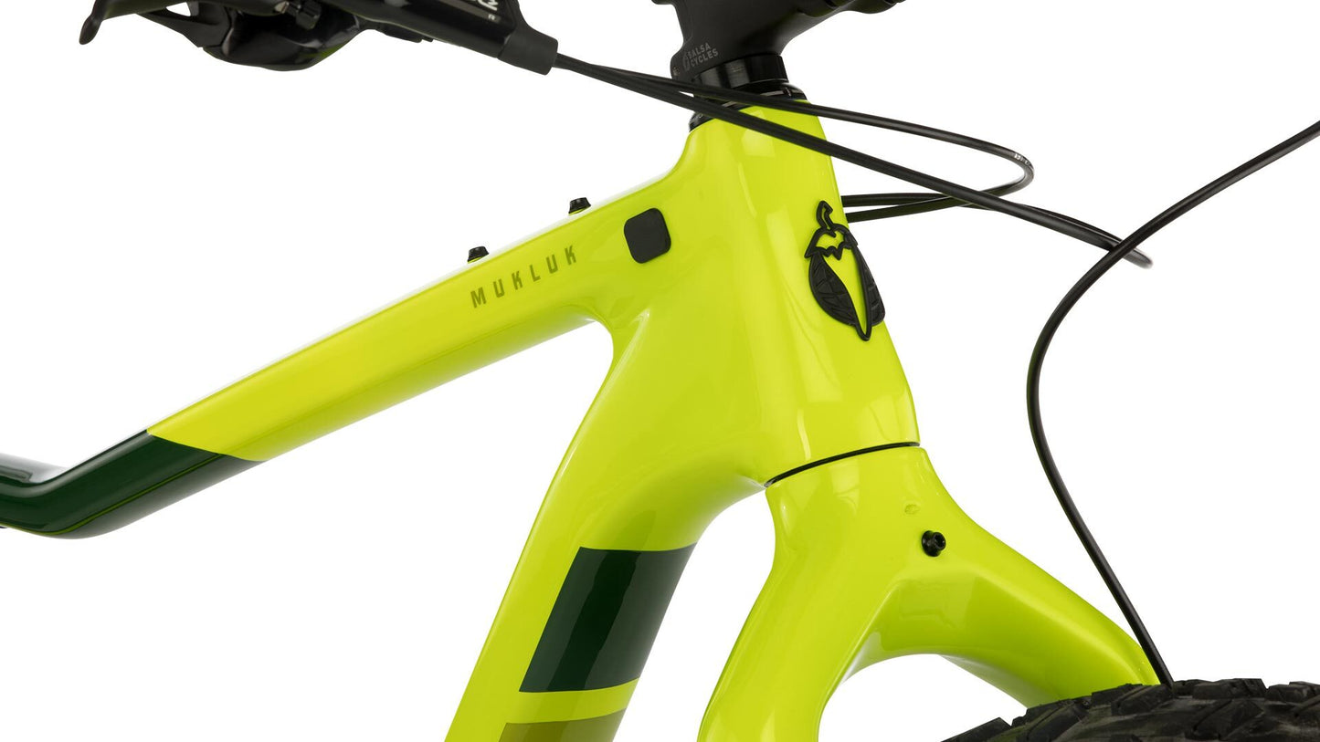 Salsa Mukluk Carbon GX bike yellow and green color head tube area focus