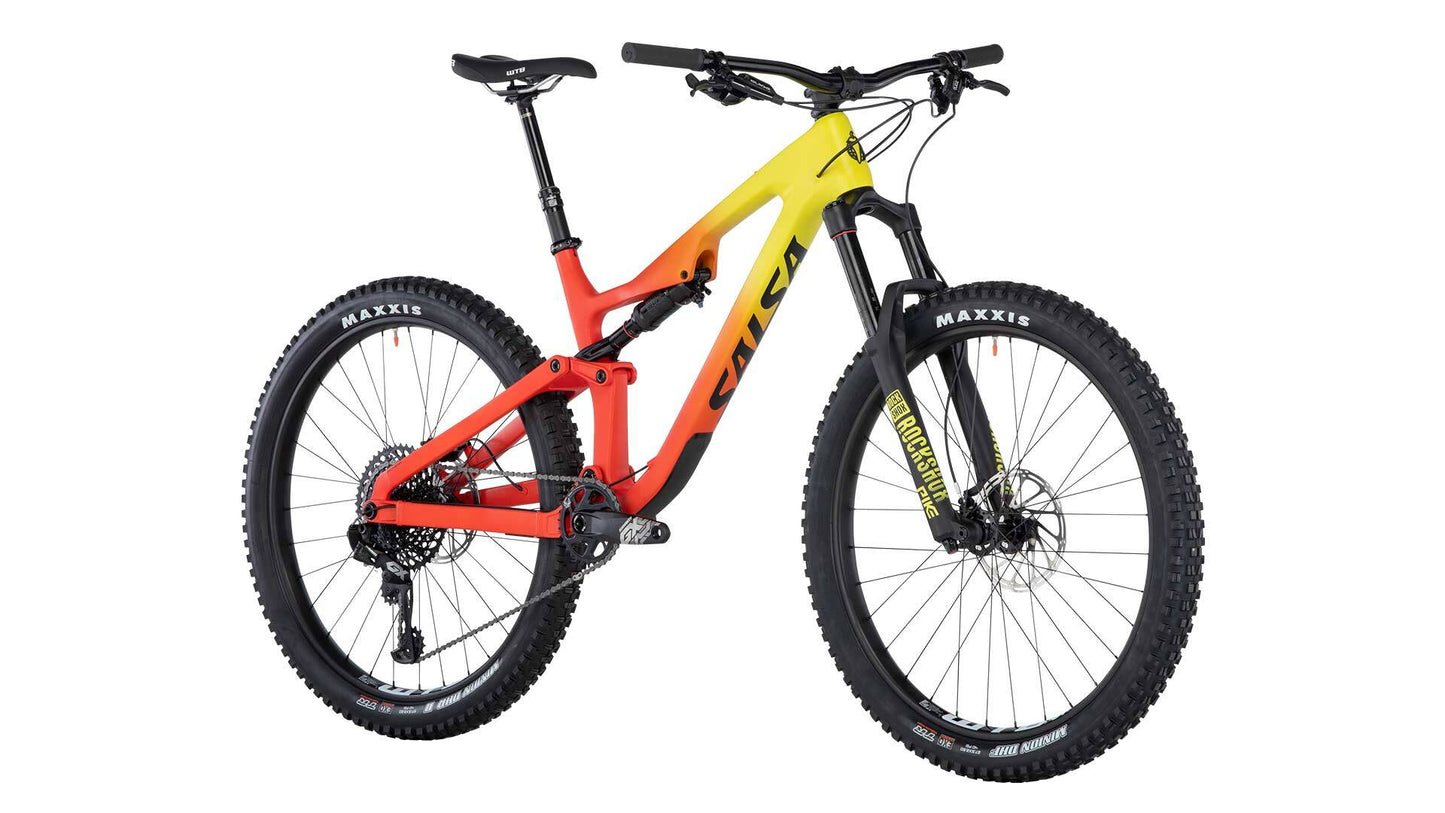 Salsa Rustler Carbon GX Eagle bike yellow to orange fade color front three-quarter view