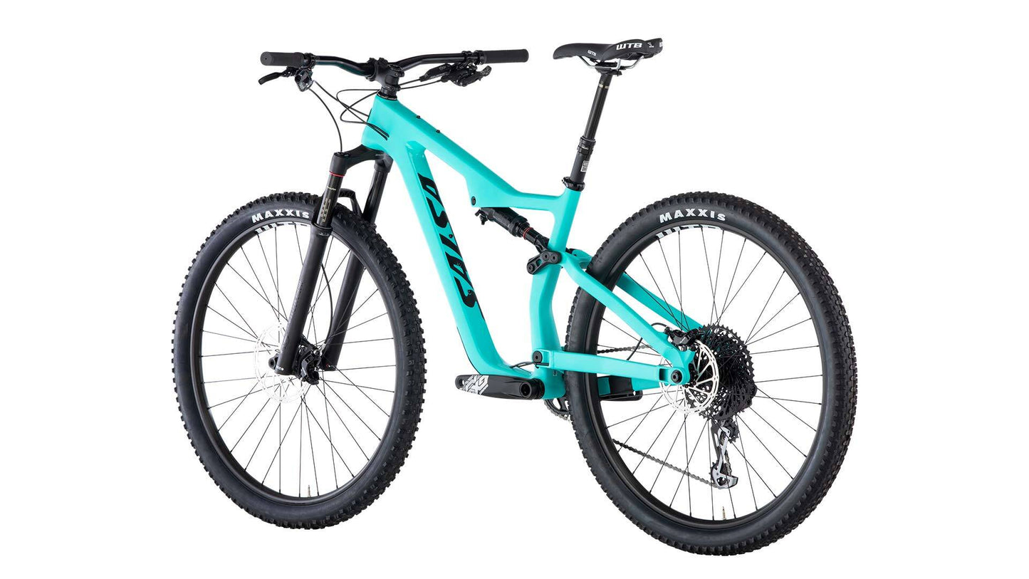 Salsa Spearfish GX Eagle bike blue color rear three-quarter view