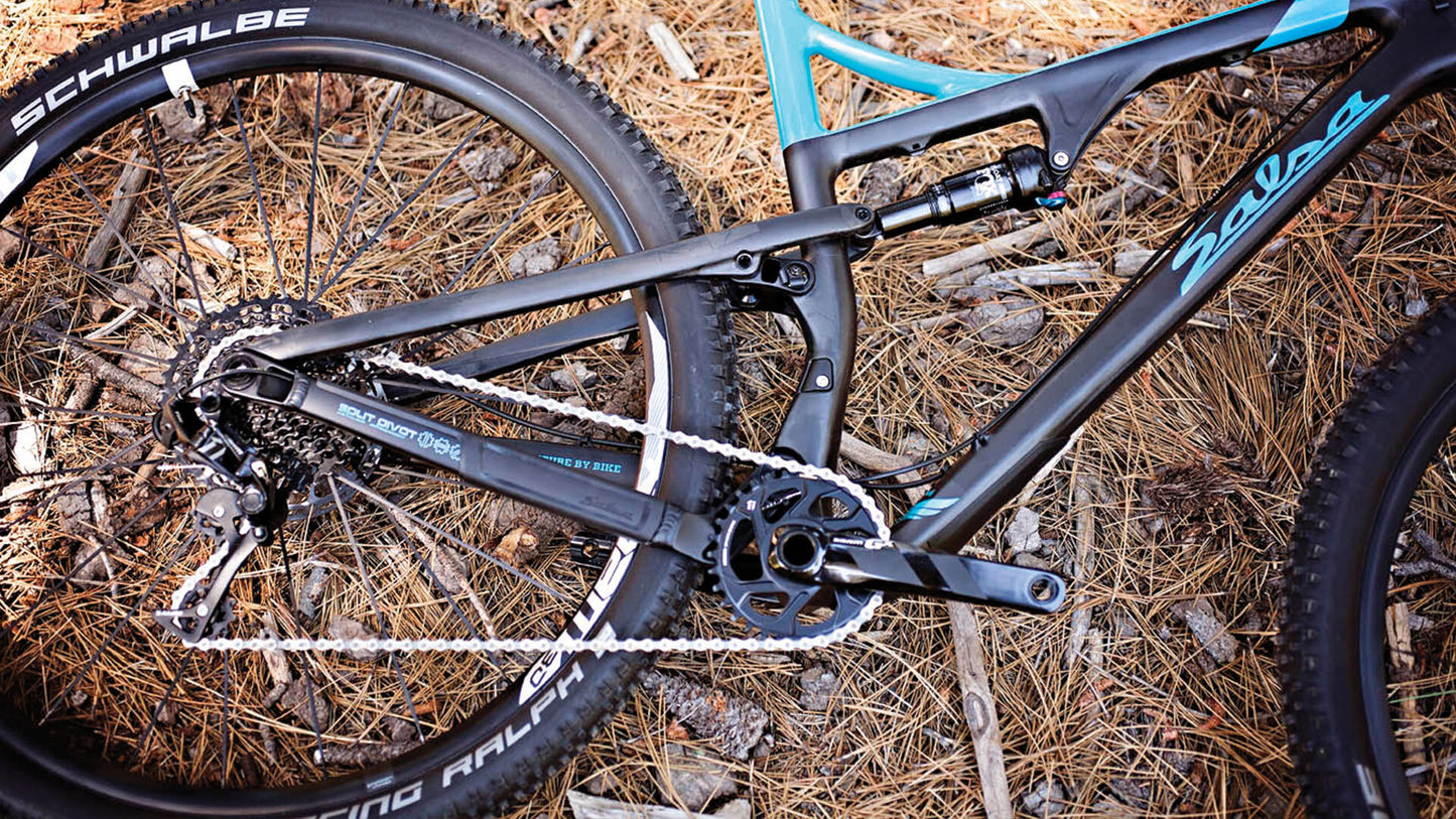 Salsa Spearfish Carbon GX1 bike gray color drivetrain and suspension area focus