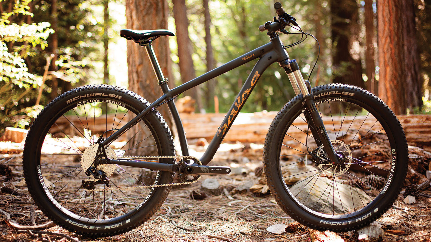 Salsa Timberjack bike black color side view outside in forest
